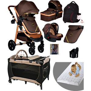Baby Home 8 in 1  yeni ekonomi paketi Baby Home 940 Travel Sistem Bebek Arabası 560 Bebek Oyun Parkı Yatak Beşik Gold Kahve