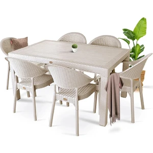 Rattan Masa Takımı 90X150 Camsız Masa Bambu 6 Kişilik Sandalye Seti Bahçe Balkon Masa Takımı Cappuccino
