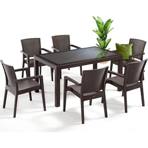 Rattan Masa Takımı 90x150 Camlı Masa 6 Kişilik Rattan Sandalye Seti Bahçe Balkon Teras Takımı