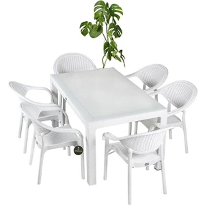 Rattan Masa Takımı 80X140 Camsız Masa 6 Kişilik Bambu Sandalye Seti Bahçe Balkon Teras Takımı Beyaz
