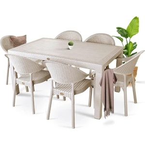 Rattan Masa Takımı 80X140 Camsız Masa Bambu 6 Kişilik Sandalye Seti Bahçe Balkon Teras Takımı