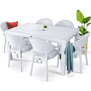 Rattan Masa Takımı 90x150 Camlı Masa 6 Kişilik Rattan Sandalye Seti Bahçe Balkon Teras Takımı