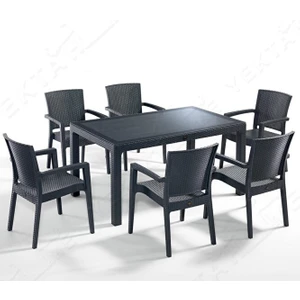 Rattan Masa Takımı 80X140 Camlı Masa Rattan 6 Kişilik Sandalye Seti Bahçe Balkon Teras Takımı Antrasit
