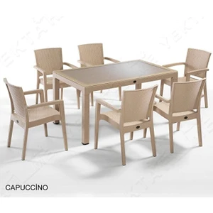 Rattan Masa Takımı 80X140 Camlı Masa 6 Kişilik Sandalye Seti Bahçe Balkon Teras Takımı