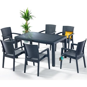 Rattan Masa Takımı 90X150 Camsız Masa 6 Kişilik Sandalye Seti Bahçe Balkon Teras Masa Takımı