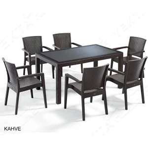 Rattan Masa Takımı 80X140 Camlı Masa 6 Kişilik Bambu Sandalye Seti Bahçe Balkon Teras Takımı