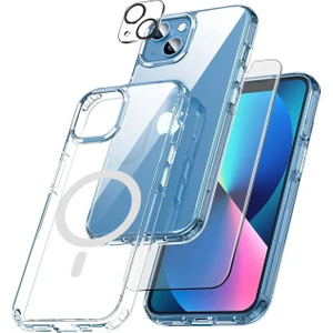 Iphone 14 Magsafe Uyumlu Şeffaf Kılıf Ekran Koruyucu Kamera Koruyucu Cam 3'lü Set