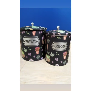 Nf Design Siyah Çiçek Desenli Metal Özel Tasarım 2'li Patates Soğan Sepeti
