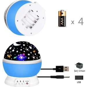 Renkli Ay Yıldız Tavan Yansıtma Pilli LED Gece Lambası Gökyüzü Projeksiyonlu Dönen Küre