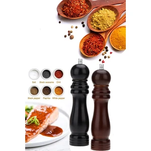 2li Karabiber Tuz Kahve Baharat Öğütücü Ahşap Manuel El Değirmeni Tuzluk 2 Adet (Siyah ve Kahverengi)
