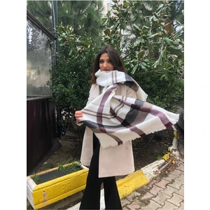 Bej Çizgili Geniş Şal Atkı