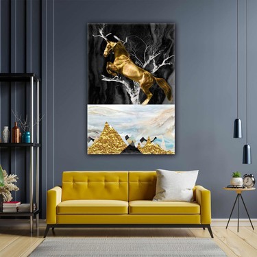 SML Tablo Şaha Kalkmış Altın At Gold Mermer Dekoratif Modern Fiyatı