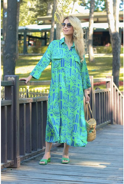 Ritnice Kadın Yazlık Yeşil Cepli Uzun Tunik Elbise