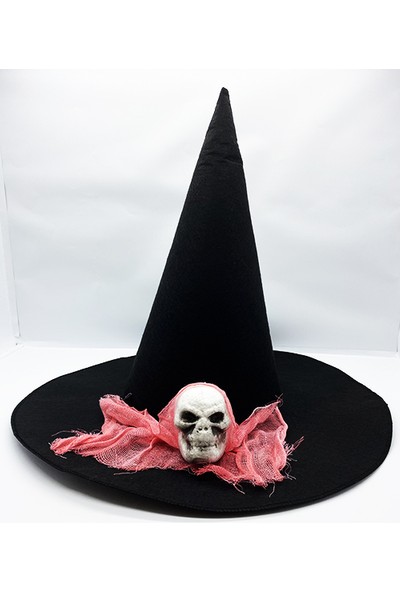 Minerva Siyah Renk Pembe Duvaklı Kuru Kafa Temalı Cadı Şapkası 35X38 cm