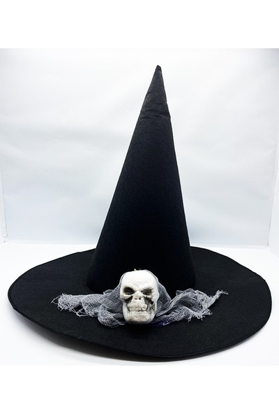 Minerva Siyah Renk Gri Duvaklı Kuru Kafa Temalı Cadı Şapkası 35X38 cm