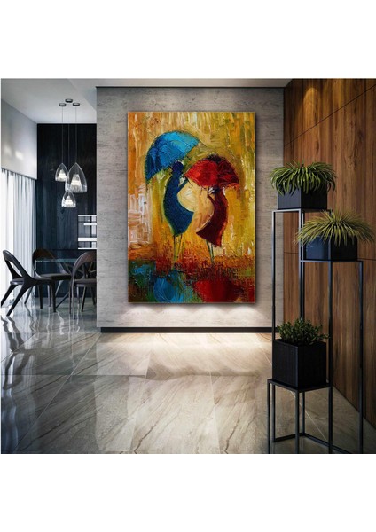 Şemsiyeli Çift Soyut Aşk Love Yağmur Dekoratif Modern Kanvas Tablo