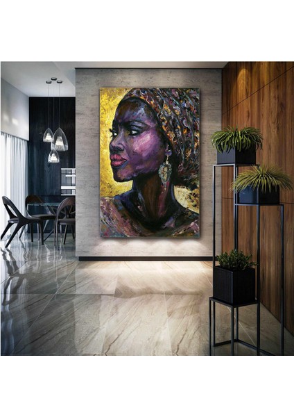 Kırmızı Rujlu Etnik Kıyafetli Afrikalı Zenci Kadın Woman Küpe Makyaj Dekor Kanvas Tablo