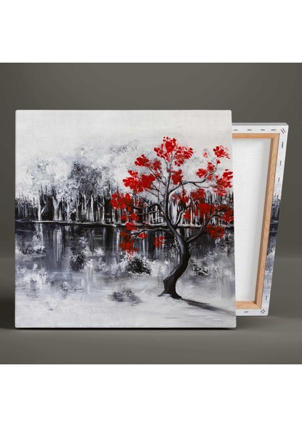 Yağlı Boya Efektli Kırmızı Çiçek Açmış Ağaç Gri Siyah Doğa Manzarası Dekor Kanvas Tablo fiyatları