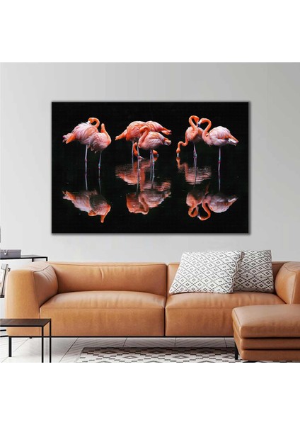 Siyah Gölde Flamingo Sürüsü Doğa Manzara Gece Dark Kanvas Tablo