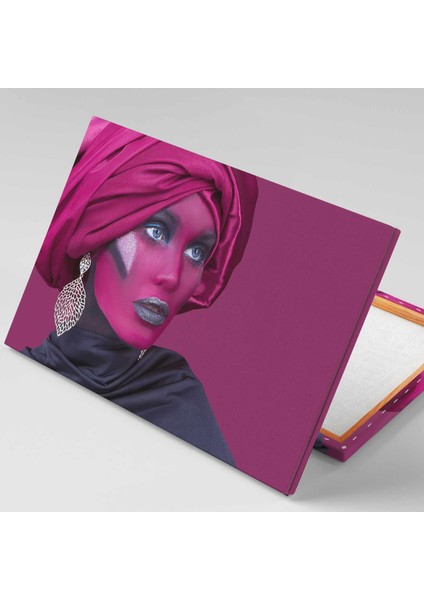 Pembe Eşarplı Küpeli Kadın Makyaj Woman Kanvas Tablo
