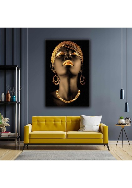 Afrikalı Siyahi Kadın Model Bronz Takı Kanvas Tablo