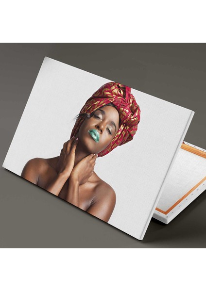 Kırmızı Eşaplı Afrikalı Kadın Model Turkuaz Ruj Makyaj Etnik Kanvas Tablo fiyatları