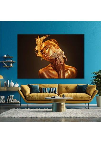 Altın Kadın Model Çiçek Woman Gold Kanvas Tablo