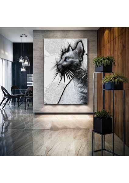 Çizgesel Mavi Gözlü Siyah Kedi Art Çizim Kanvas Tablo