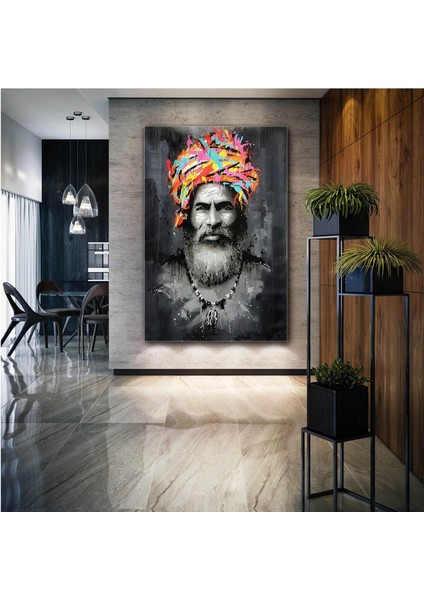 Duvar Sanatı Renkli Şapkalı İnsan Grafity Kolye Etnik Kıyafet Kanvas Tablo