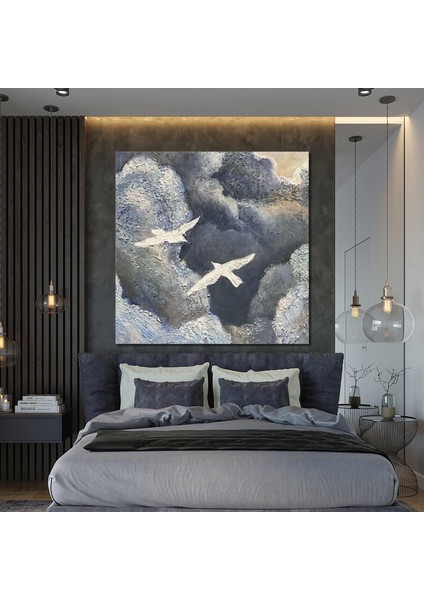 Gökyüzünde Uçan Beyaz Kuşlar Soyut Abstract Kanvas Tablo