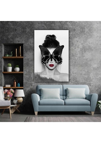 Kelebek Suratlı Kadın Model Kırmızı Ruj Maske Kanvas Tablo