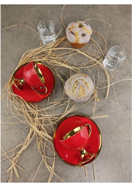 Porselen 2 Kişilik Yaldızlı Kahve Fincan Takımı Kırmızı - Ist-76 fiyatları