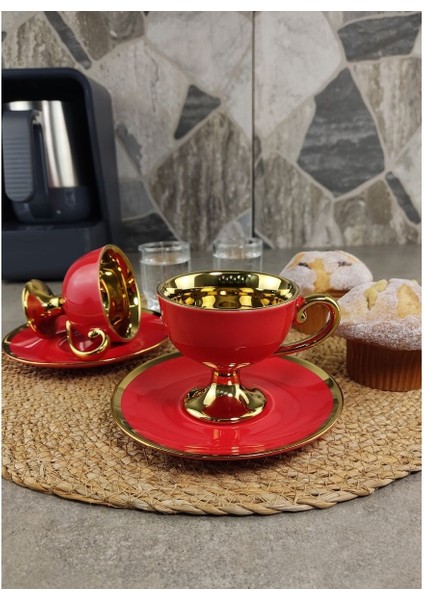 Porselen 2 Kişilik Yaldızlı Kahve Fincan Takımı Kırmızı - Ist-76 modelleri