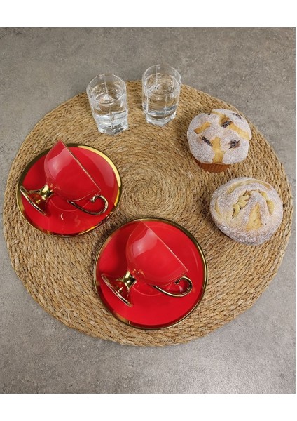 Porselen 2 Kişilik Yaldızlı Kahve Fincan Takımı Kırmızı - Ist-76 fırsatları