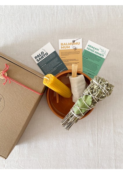 Kamen Tütsülük ve Enerji Başlangıç Seti : Palo Santo Ağaç Tütsü, Adaçayı Tütsü Demeti, Balmumu Mum fiyatları