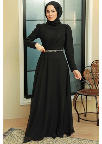 Tesettürlü Abiye Elbise - Drape Detaylı Siyah Tesettür Abiye Elbise 5737S