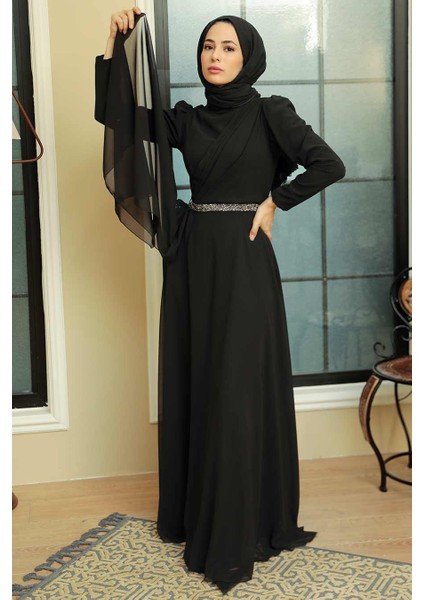 Tesettürlü Abiye Elbise - Drape Detaylı Siyah Tesettür Abiye Elbise 5737S
