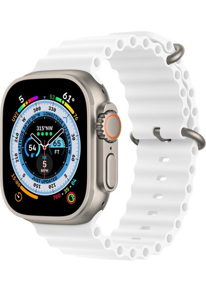 Apple Watch 6 Ile Uyumlu Okyanus Quintessential 42-44MM Kabartmalı Metal Tokalı Kordon Beyaz