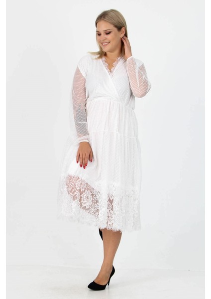 Kadın Yeni Sezon Tül Detaylı Kruvaze Yaka Büyük Beden Elbise APCX14