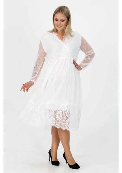 Kadın Yeni Sezon Tül Detaylı Kruvaze Yaka Büyük Beden Elbise APCX14 modelleri