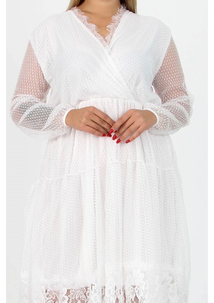 Kadın Yeni Sezon Tül Detaylı Kruvaze Yaka Büyük Beden Elbise APCX14 indirimleri