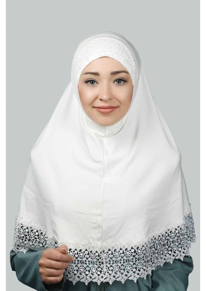 Ikili Set Dantelli Pratik Eşarp Hazır Hijab ve Tesettür Bonesi Xl - Ekru
