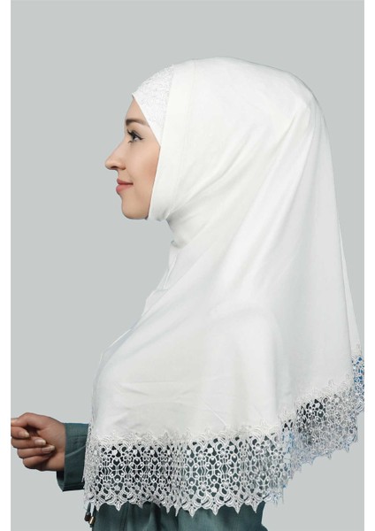 Ikili Set Dantelli Pratik Eşarp Hazır Hijab ve Tesettür Bonesi Xl - Ekru