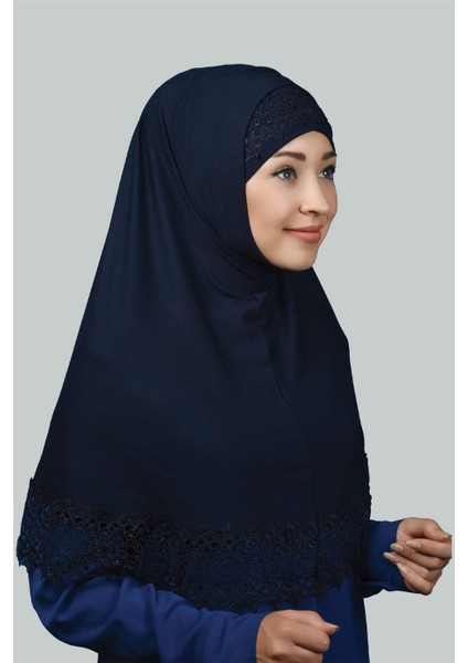 Ikili Set Dantelli Pratik Eşarp Hazır Hijab ve Tesettür Bonesi Xl - Lacivert