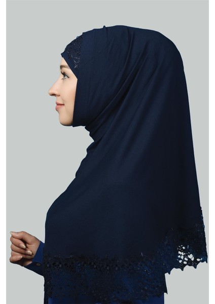 Ikili Set Dantelli Pratik Eşarp Hazır Hijab ve Tesettür Bonesi Xl - Lacivert