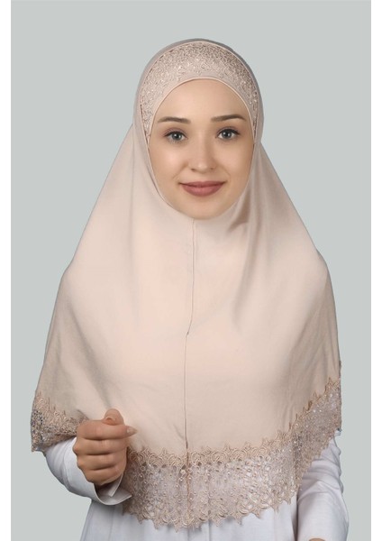 Ikili Set Dantelli Pratik Eşarp Hazır Hijab ve Tesettür Bonesi Xl - Bej