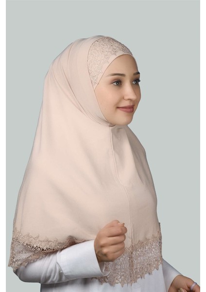 Ikili Set Dantelli Pratik Eşarp Hazır Hijab ve Tesettür Bonesi Xl - Bej