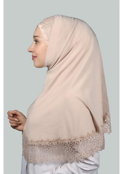 Ikili Set Dantelli Pratik Eşarp Hazır Hijab ve Tesettür Bonesi Xl - Bej