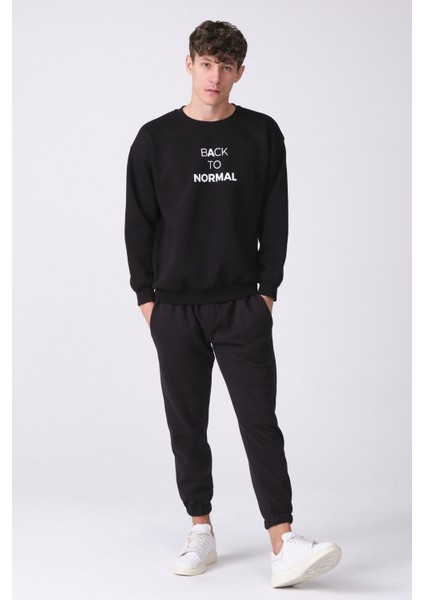 Erkek Siyah Oversize Fit Bisiklet Yaka Baskılı Içi Yumuşak Tüylü Sweatshirt RF0202