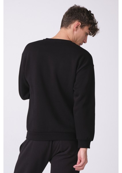 Erkek Siyah Oversize Fit Bisiklet Yaka Baskılı Içi Yumuşak Tüylü Sweatshirt RF0202 indirimleri